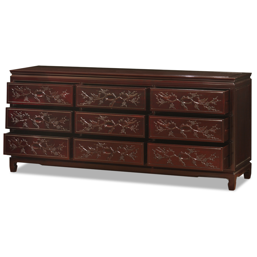 Dark Cherry Rosewood Flower and Bird Chinese Chest of 9 Drawers