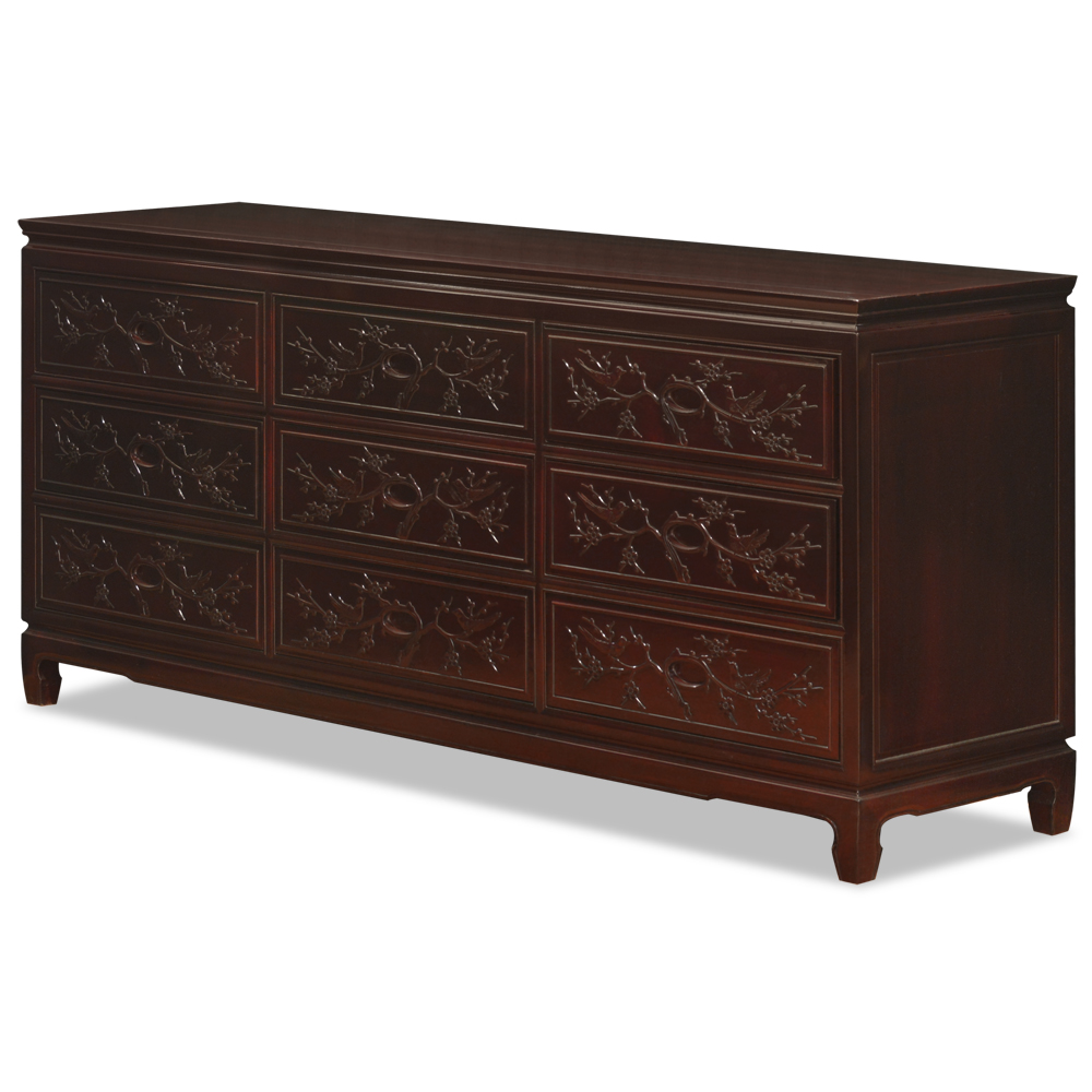 Dark Cherry Rosewood Flower and Bird Chinese Chest of 9 Drawers