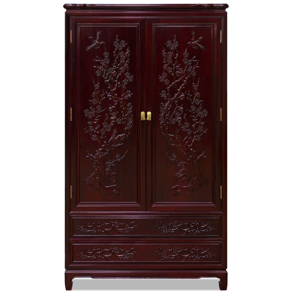 Dark Cherry Rosewood Flower and Bird Chinese Armoire