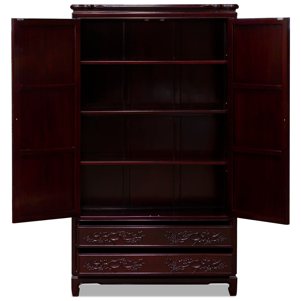 Dark Cherry Rosewood Flower and Bird Chinese Armoire