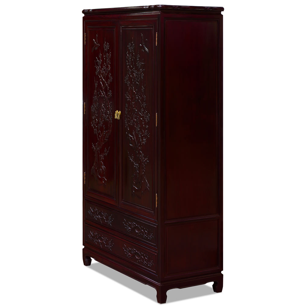 Dark Cherry Rosewood Flower and Bird Chinese Armoire