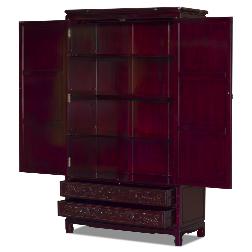 Dark Cherry Rosewood Dragon and Phoenix Chinese Armoire