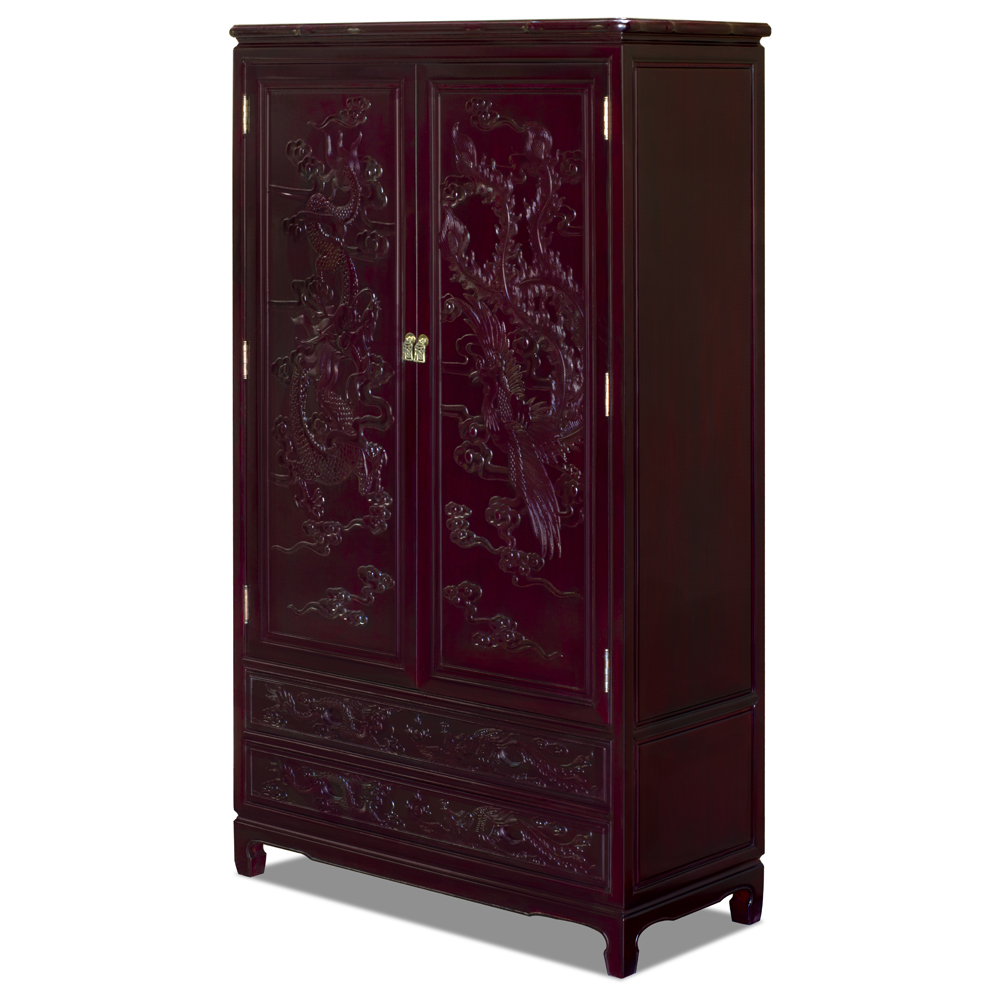 Dark Cherry Rosewood Dragon and Phoenix Chinese Armoire