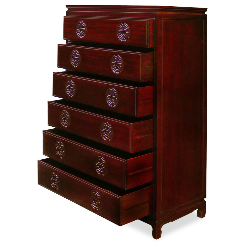 Dark Cherry Rosewood Chinese Longevity High Chest of Drawers