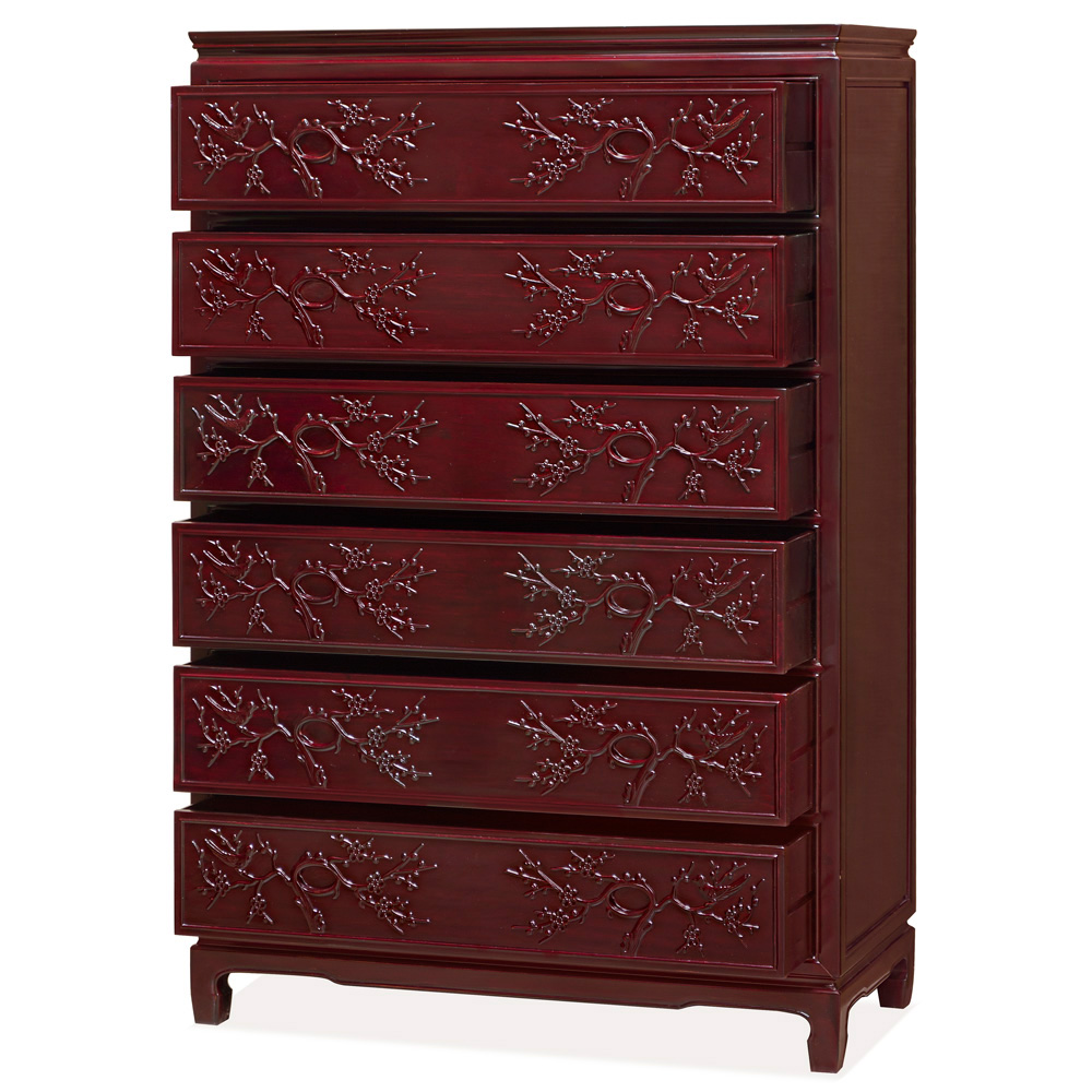 Dark Cherry Rosewood Flower and Bird Chinese High Chest of Drawers