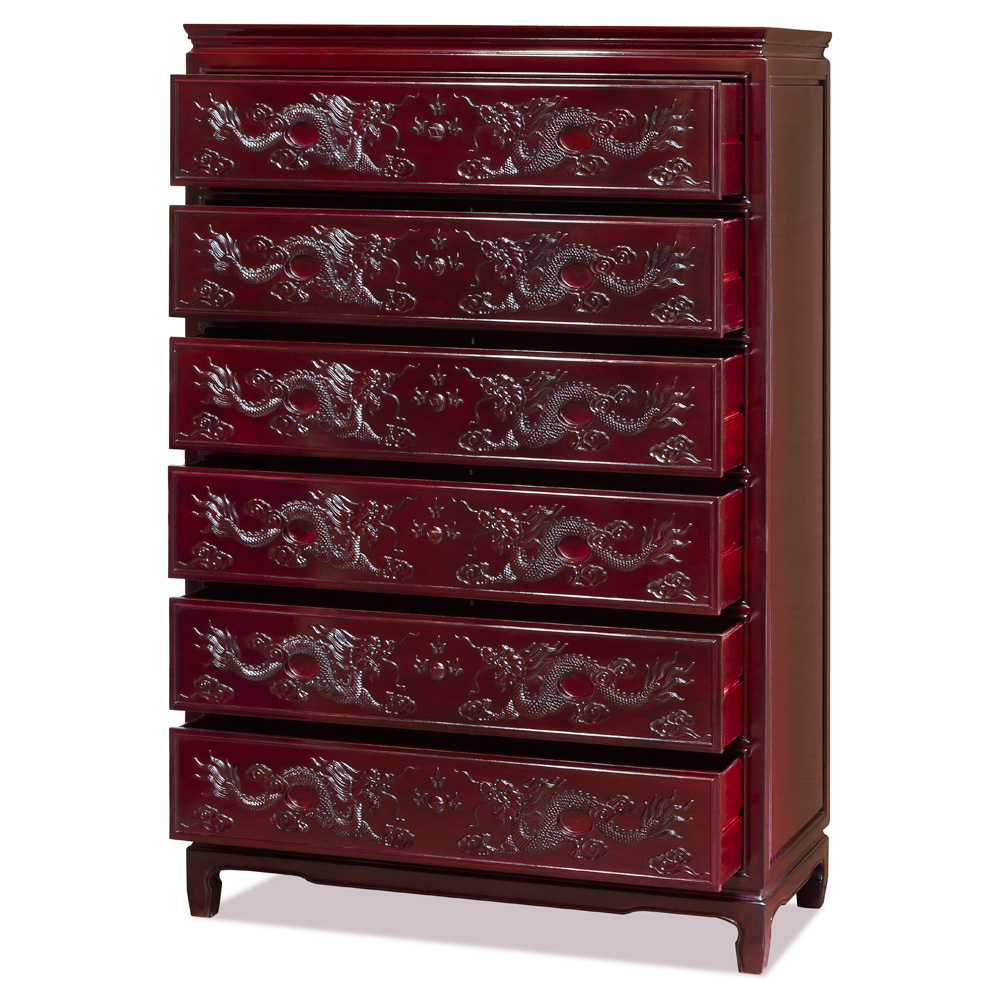 Dark Cherry Rosewood Dragon High Chinese Chest of Drawers