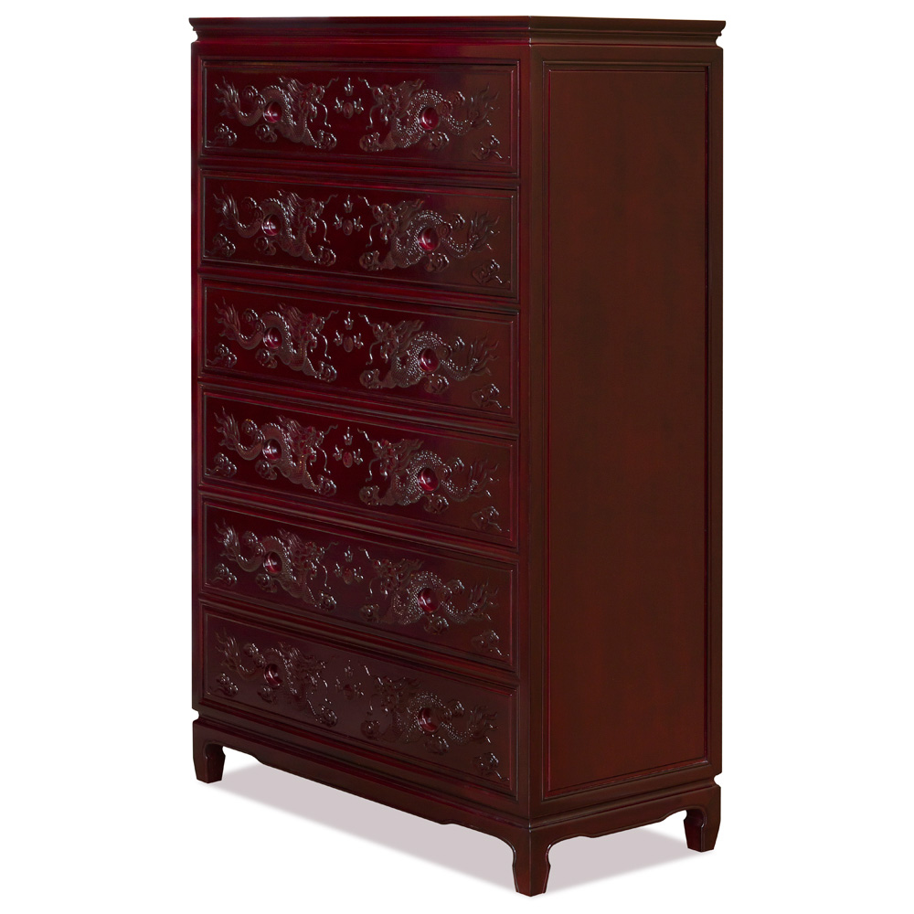 Dark Cherry Rosewood Dragon High Chinese Chest of Drawers