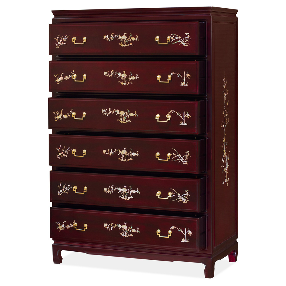 Dark Cherry Rosewood Mother of Pearl Inlaid Oriental Chest of Drawers