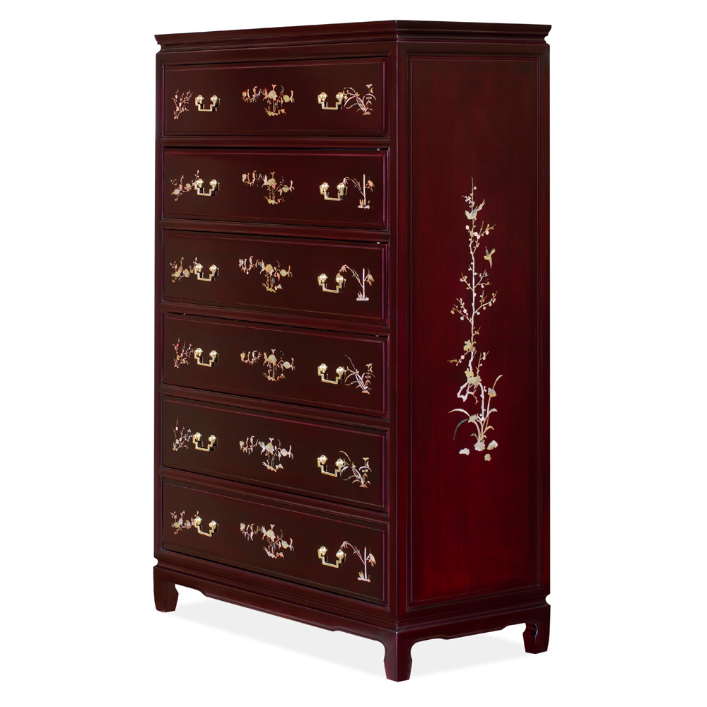 Dark Cherry Rosewood Mother of Pearl Inlaid Oriental Chest of Drawers