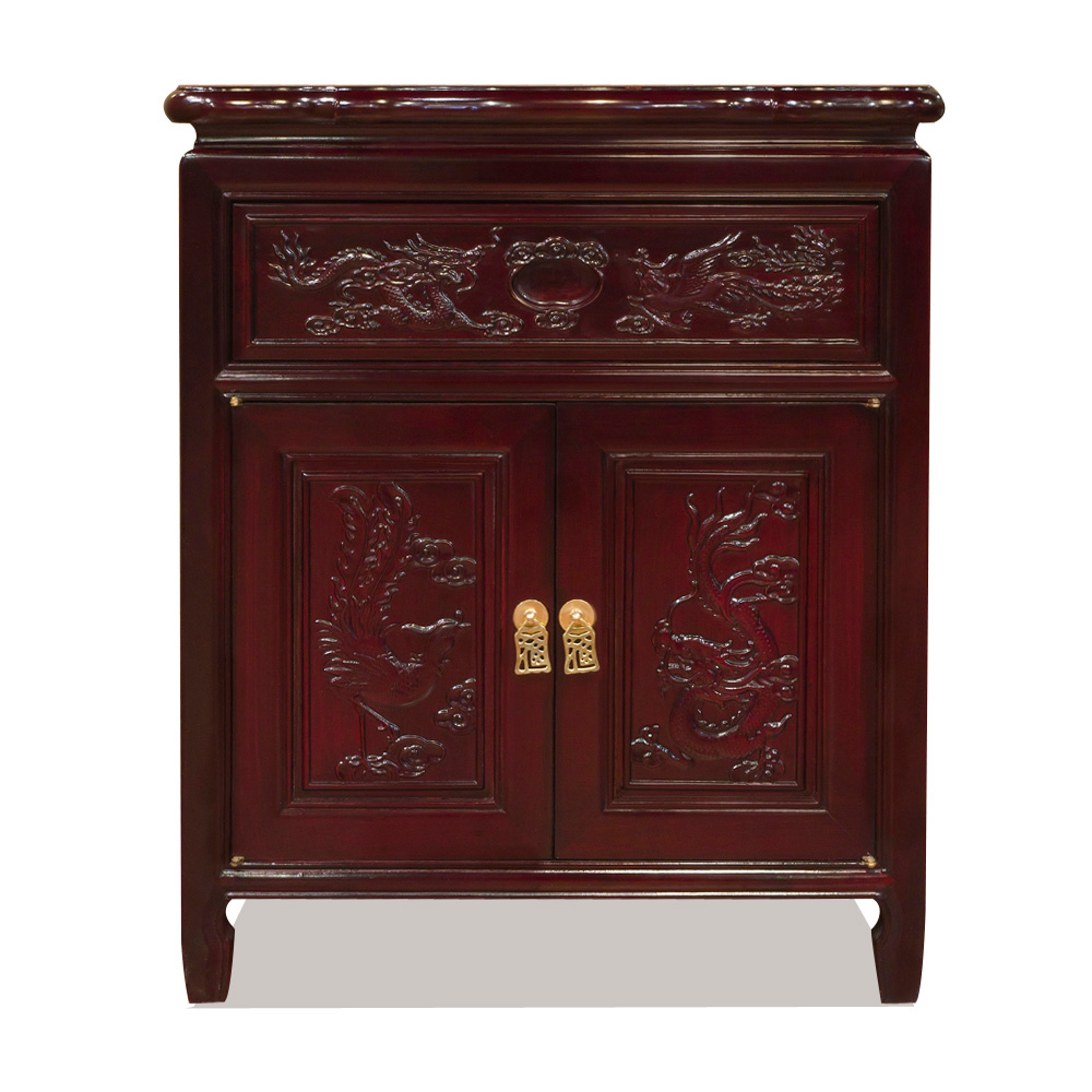 Dark Cherry Rosewood Dragon and Phoenix Oriental Nightstand