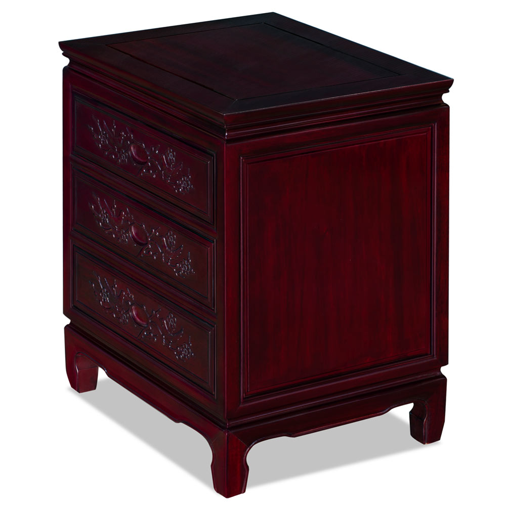 Dark Cherry Rosewood Flower and Bird Motif Oriental Nightstand