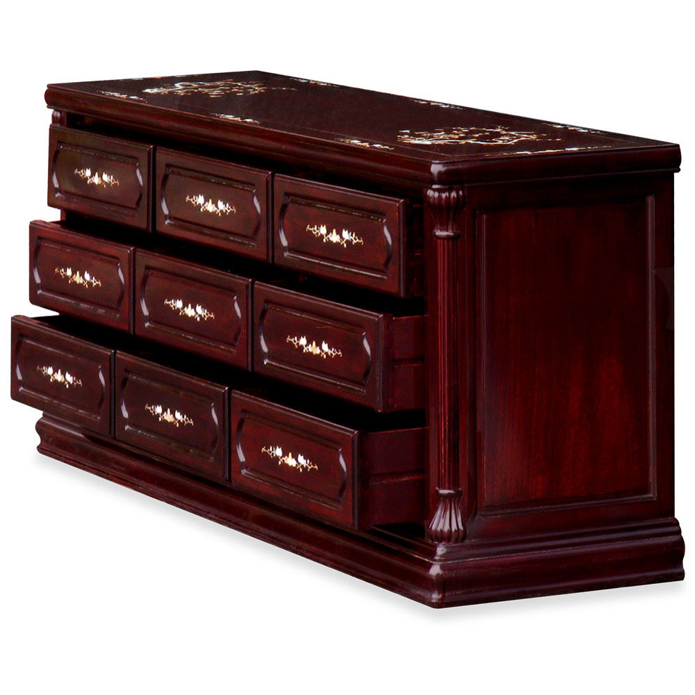 Dark Cherry Rosewood Mother of Pearl Inlay Oriental Dresser