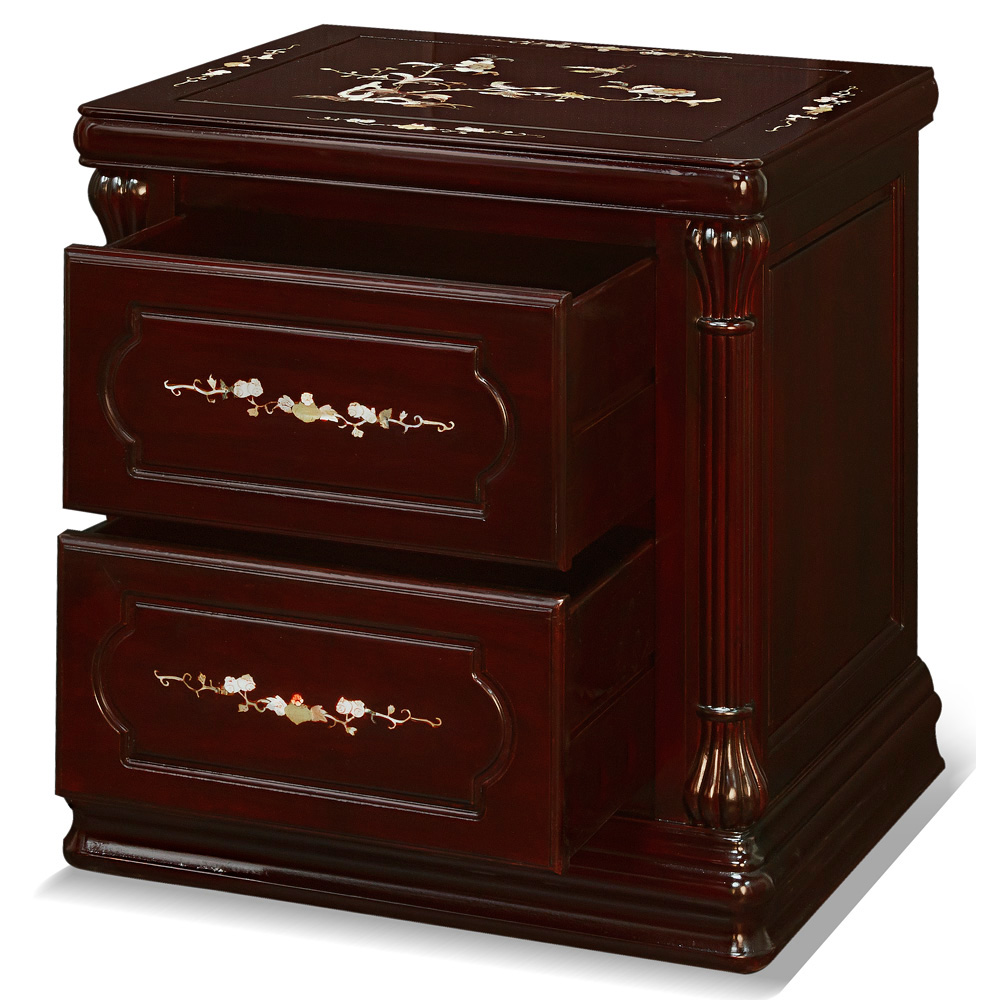 Dark Cherry Rosewood Mother of Pearl Inlay Chinese Nightstand