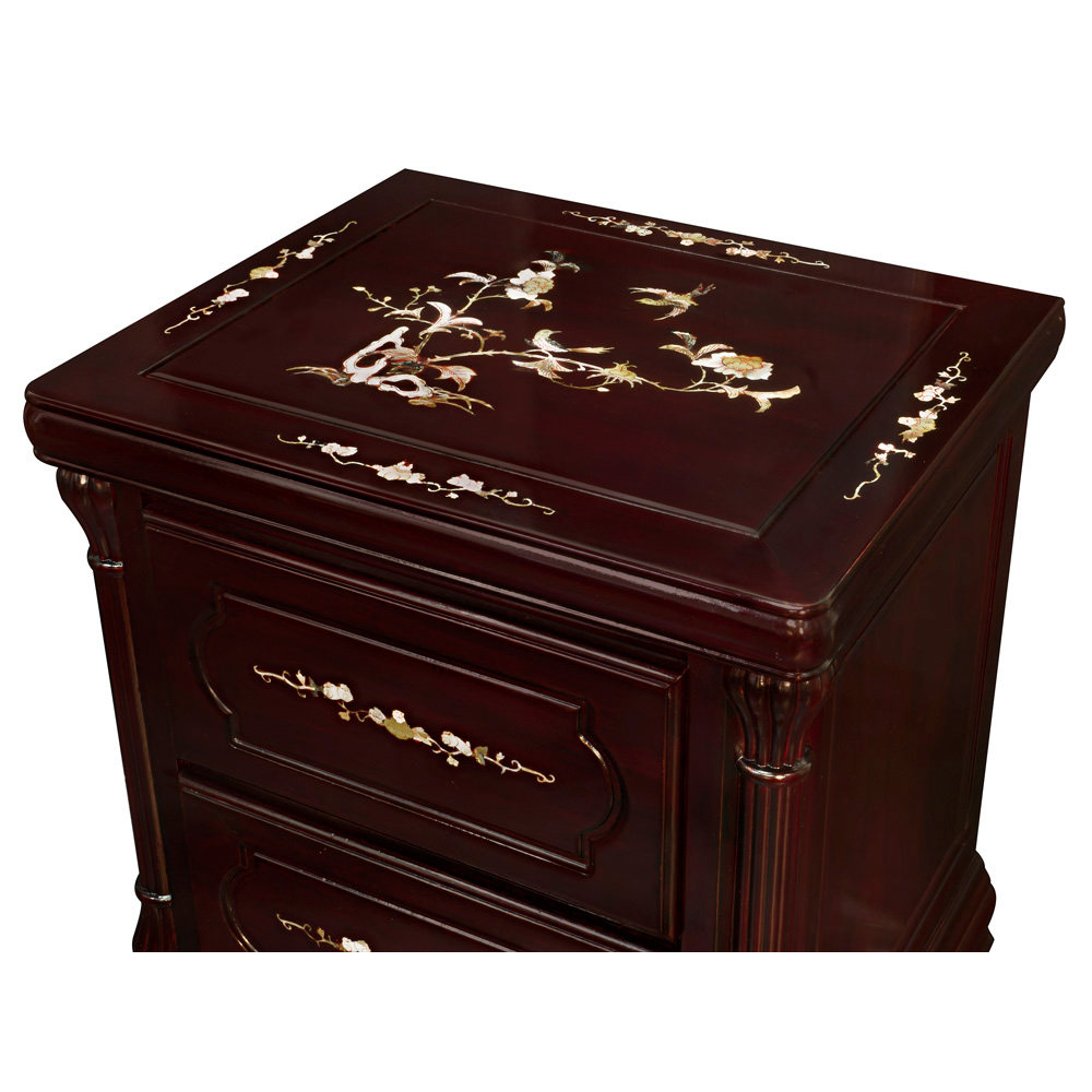 Dark Cherry Rosewood Mother of Pearl Inlay Chinese Nightstand