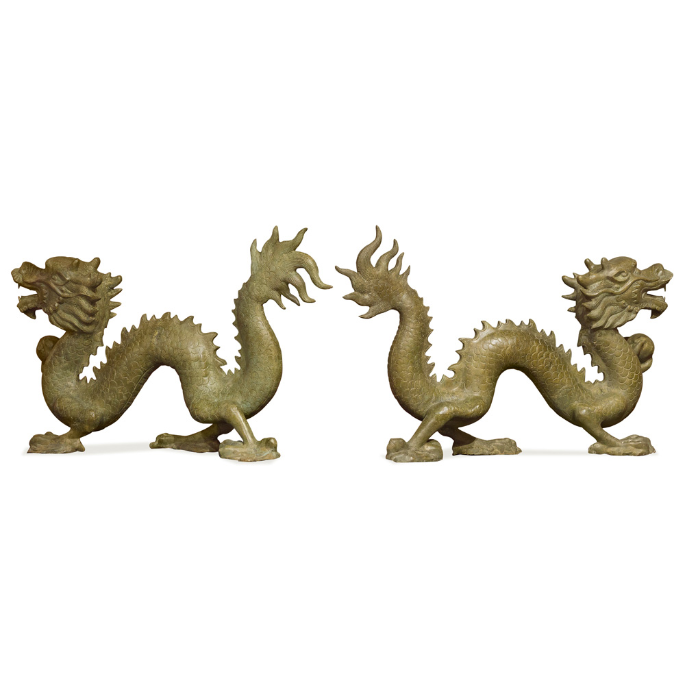 Large Bronze Flying Dragon Oriental Statue Set