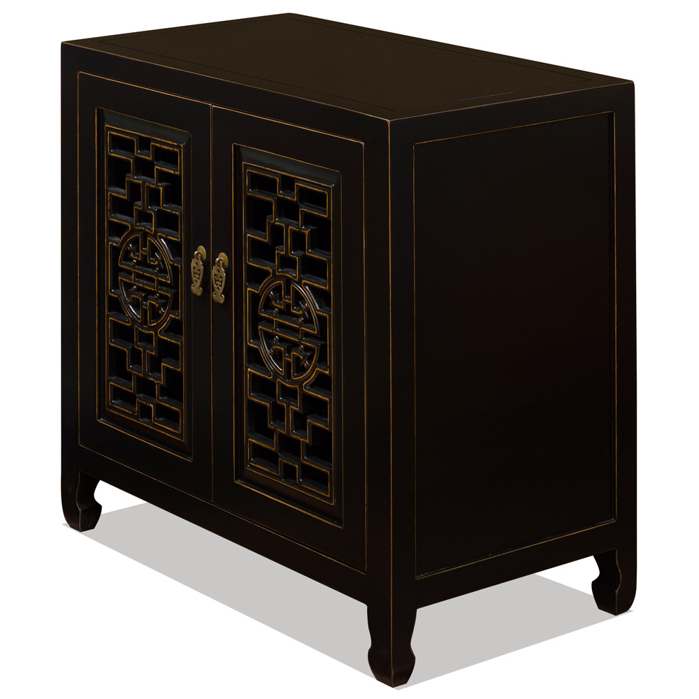 Black Distressed Elmwood Chinese Longevity Cabinet with Geometric Lattice Doors