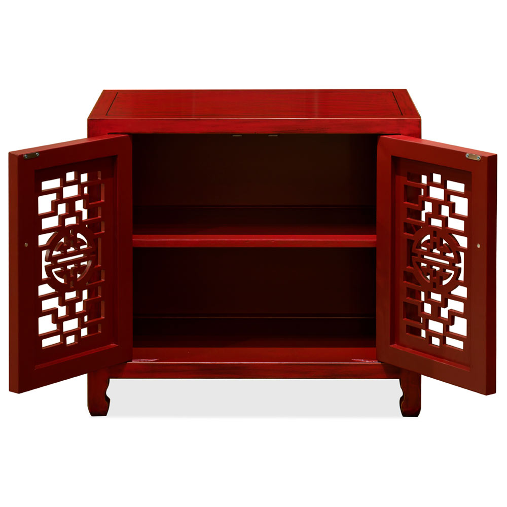 Red Distressed Elmwood Chinese Longevity Cabinet with Geometric Lattice Doors