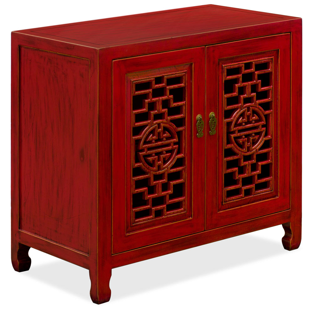 Red Distressed Elmwood Chinese Longevity Cabinet with Geometric Lattice Doors