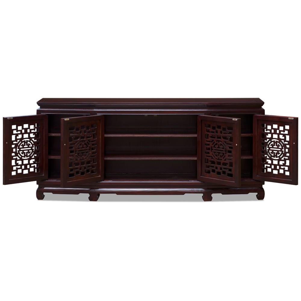 Dark Cherry Elmwood Chinese Longevity Sideboard with Geometric Lattice Doors