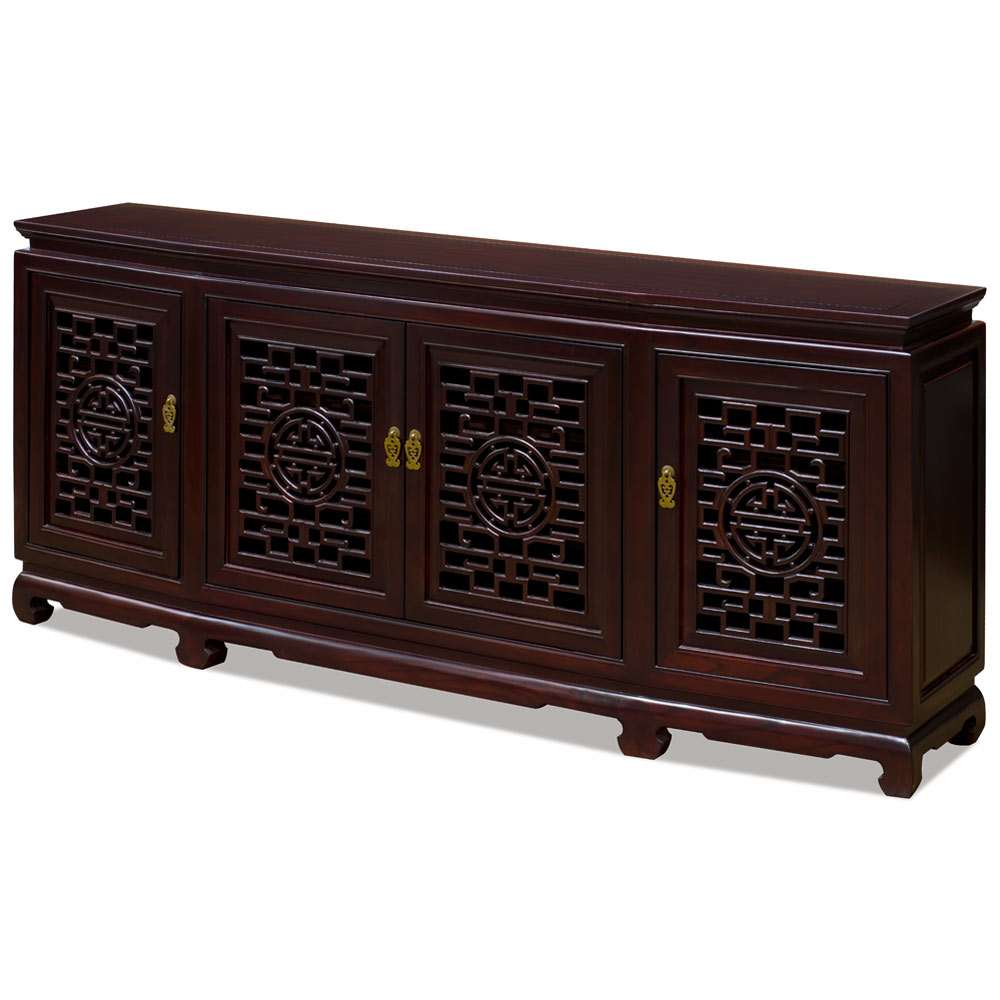 Dark Cherry Elmwood Chinese Longevity Sideboard with Geometric Lattice Doors