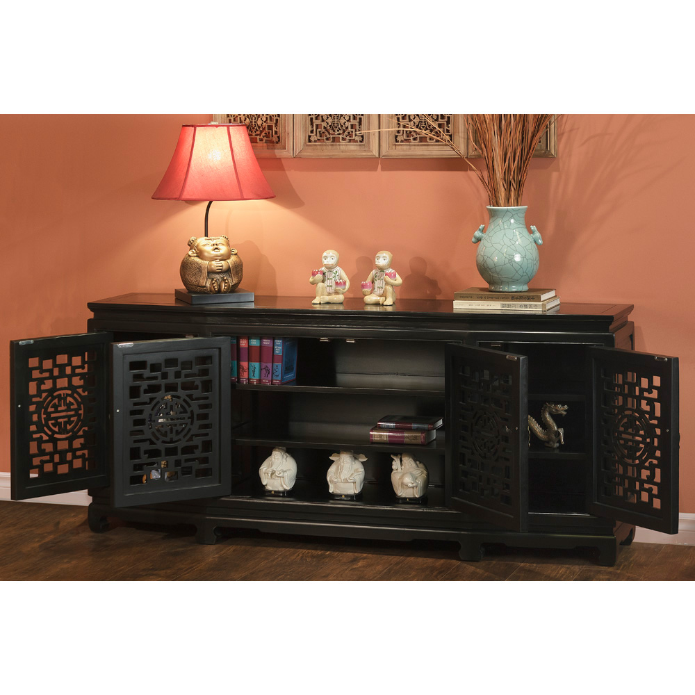 Black Elmwood Chinese Longevity Sideboard with Geometric Lattice Doors