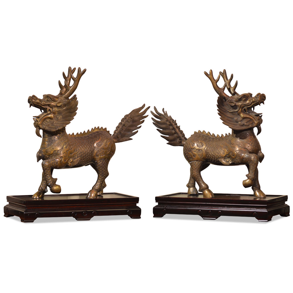 Bronze Marching Kirin Oriental Statue Set