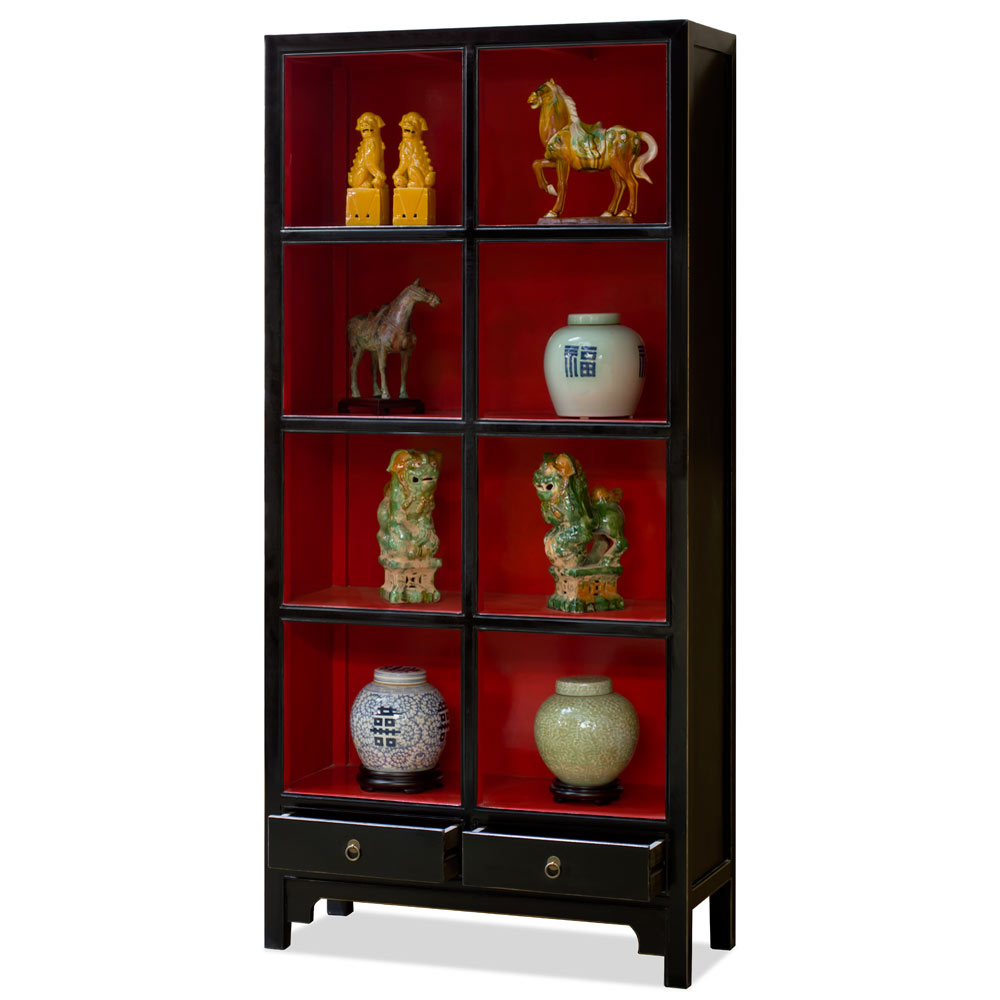 Distressed Black and Red Elmwood Zen Asian Bookcase