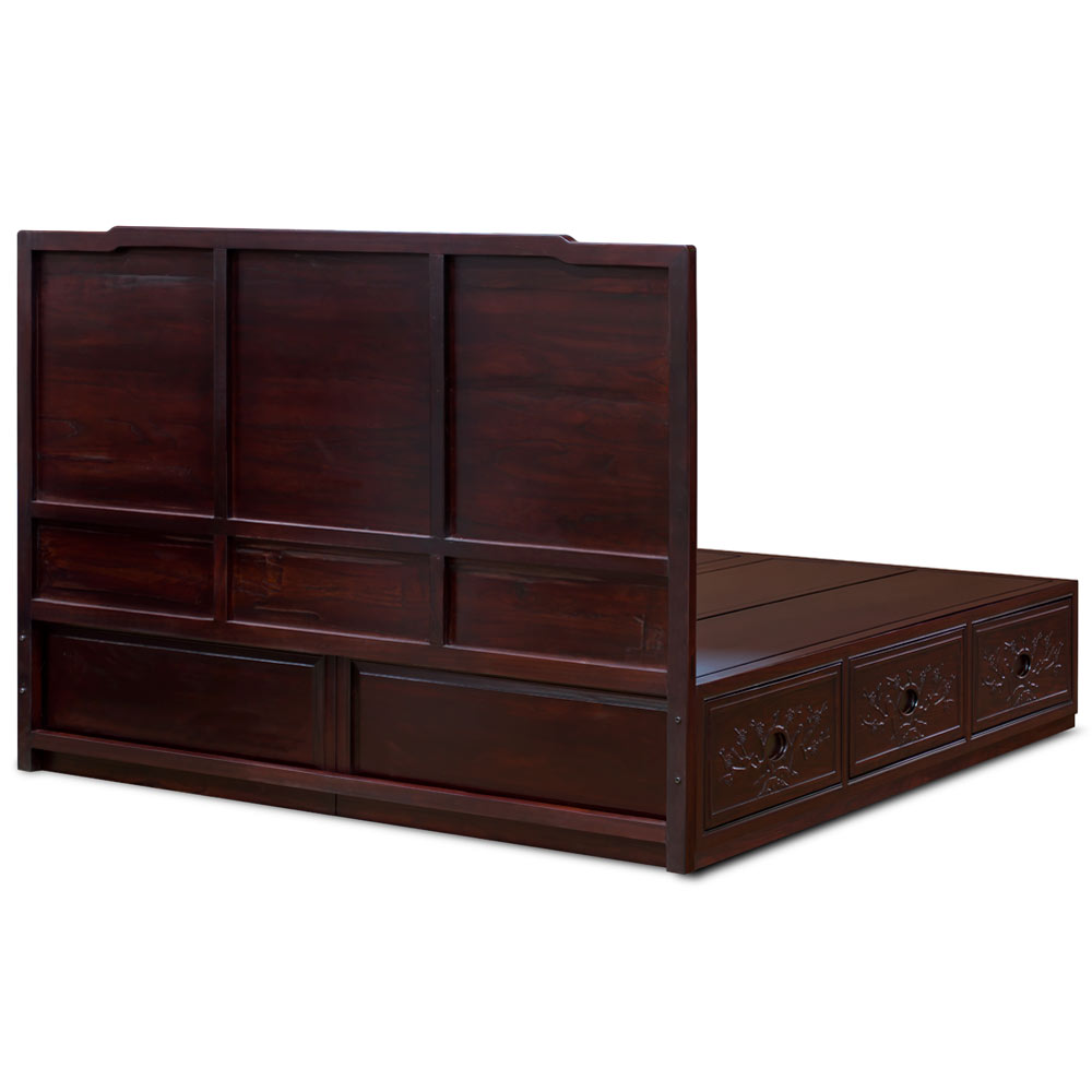 Dark Cherry Elmwood Flower and Bird King Size Oriental Platform Bed with Drawers