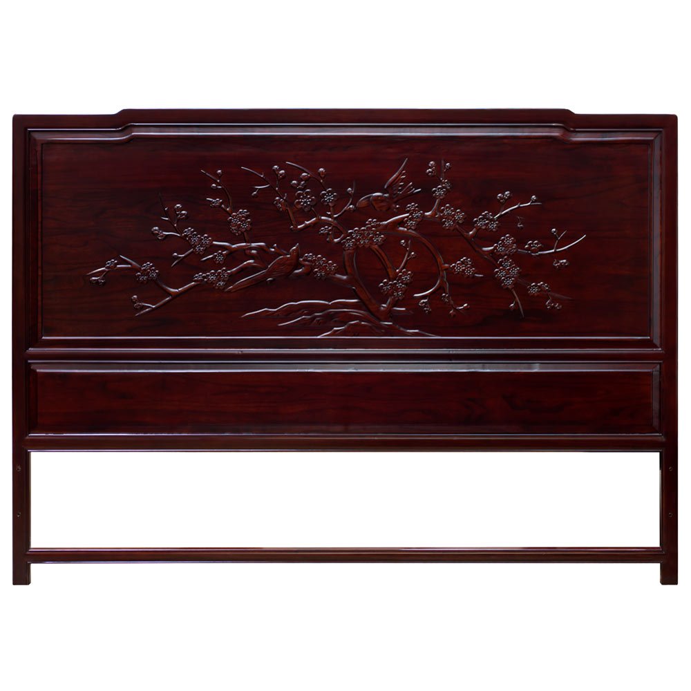 Dark Cherry Elmwood Flower and Bird King Size Oriental Platform Bed with Drawers