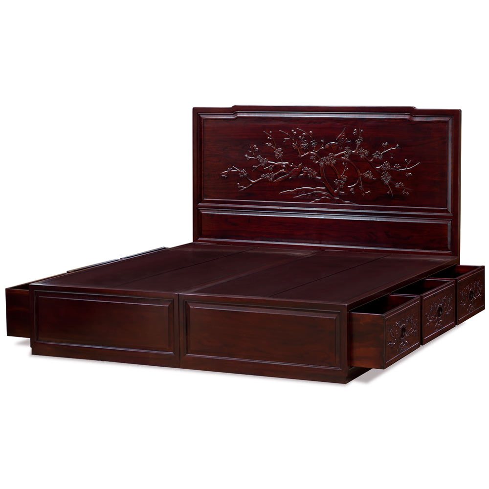 Dark Cherry Elmwood Flower and Bird King Size Oriental Platform Bed with Drawers