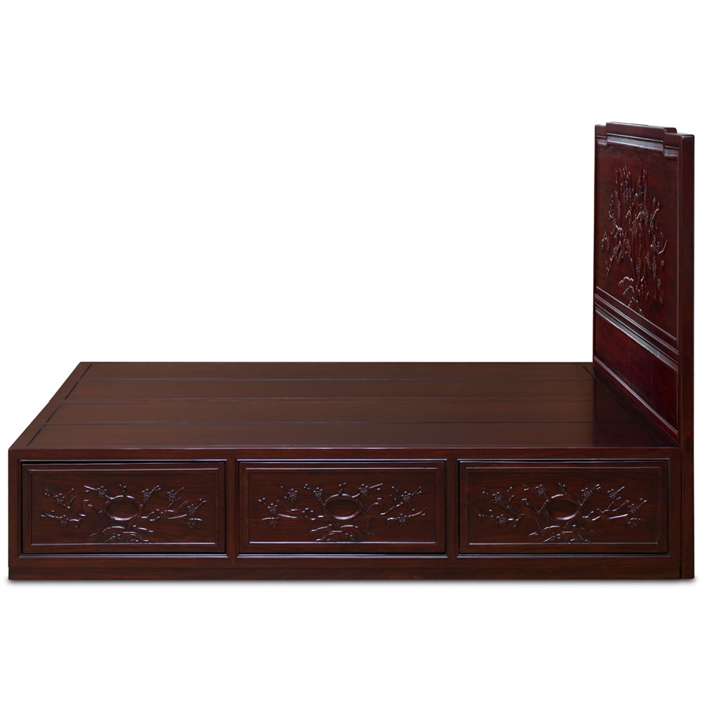 Dark Cherry Elmwood Flower and Bird King Size Oriental Platform Bed with Drawers