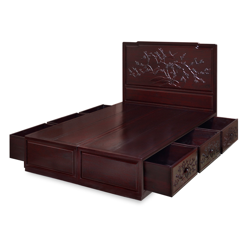 Dark Cherry Elmwood Flower and Bird Queen Size Oriental Platform Bed with Drawers