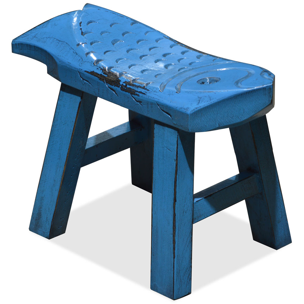 Hand Carved Distressed Blue Wooden Carp Asian Stool