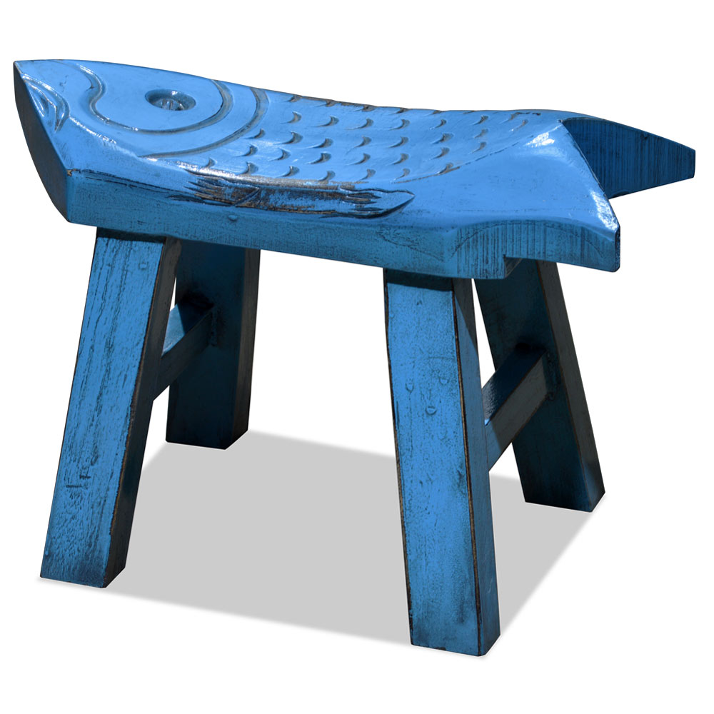 Hand Carved Distressed Blue Wooden Carp Asian Stool