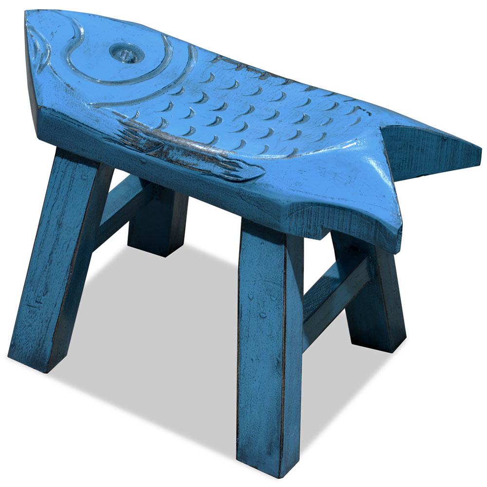 Hand Carved Distressed Blue Wooden Carp Asian Stool