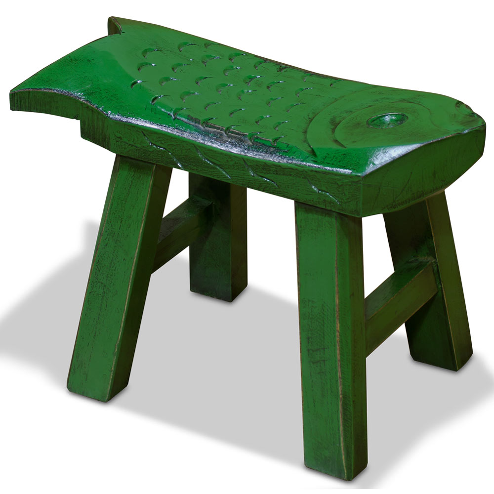 Hand Carved Distressed Green Wooden Carp Asian Stool