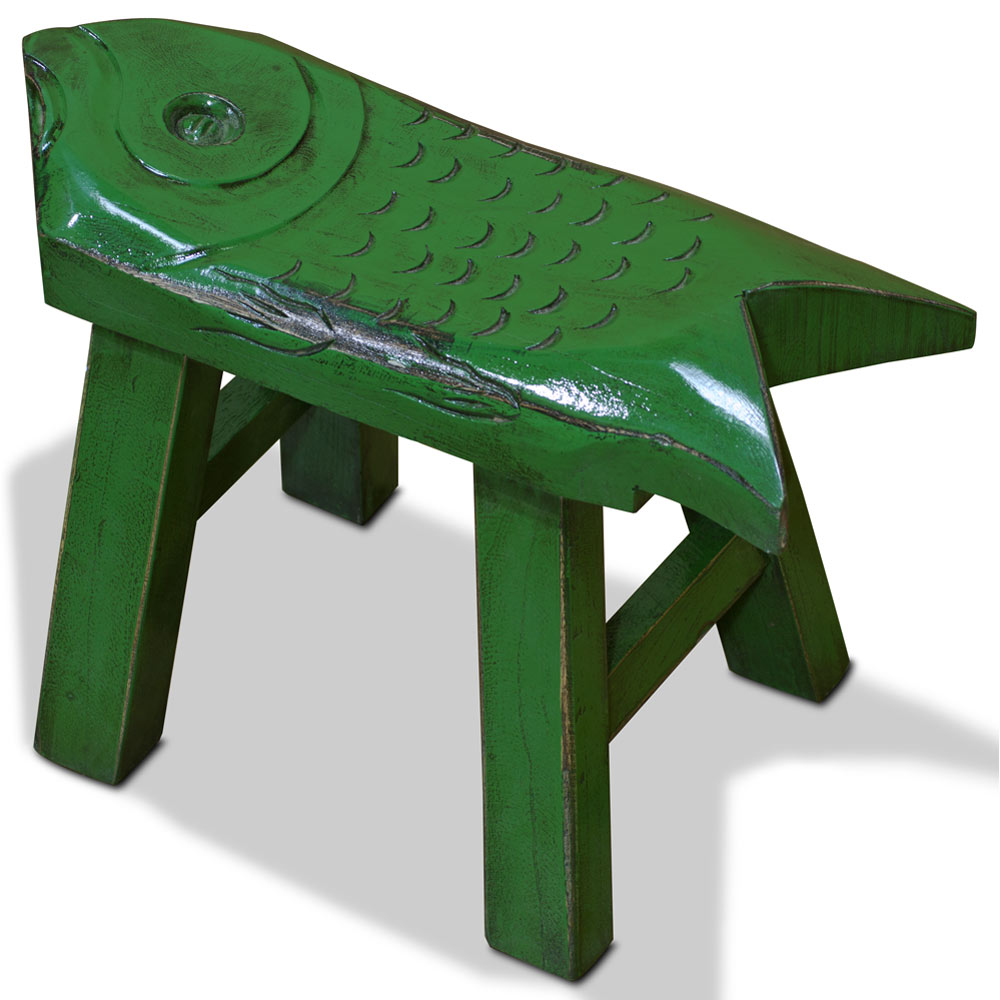 Hand Carved Distressed Green Wooden Carp Asian Stool