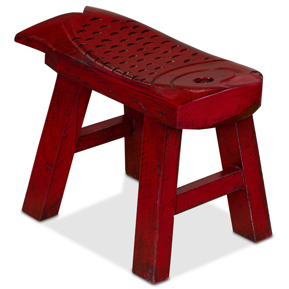 Hand Carved Distressed Red Wooden Carp Asian Stool