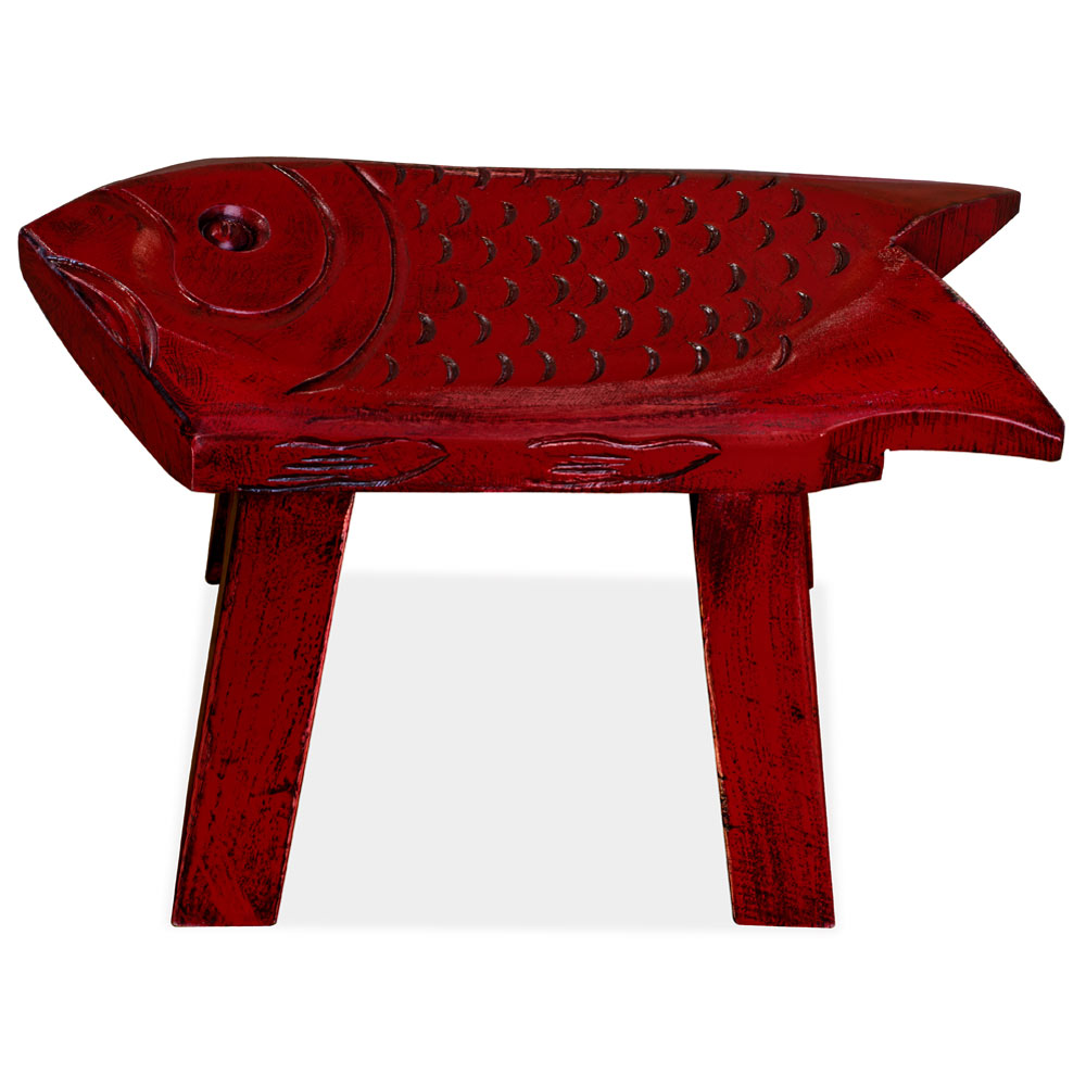 Hand Carved Distressed Red Wooden Carp Asian Stool