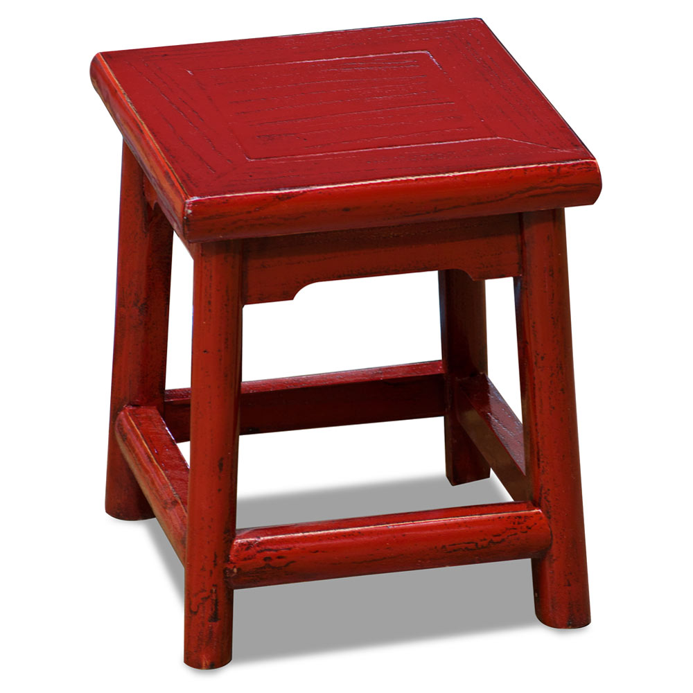 Distressed Red Petite Chinese Village Wooden Bench