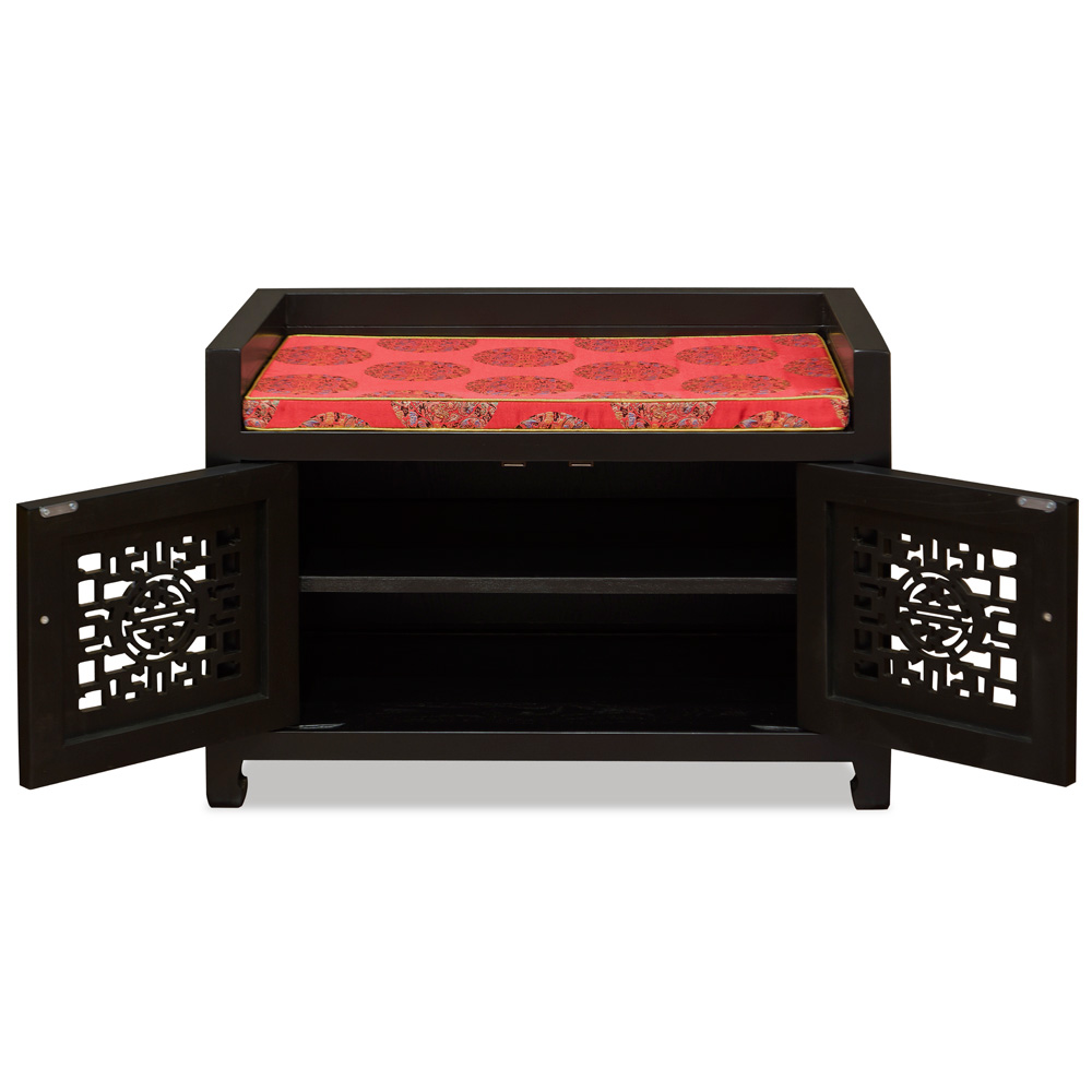 Matte Black Elmwood Longevity Chinese Shoe Bench