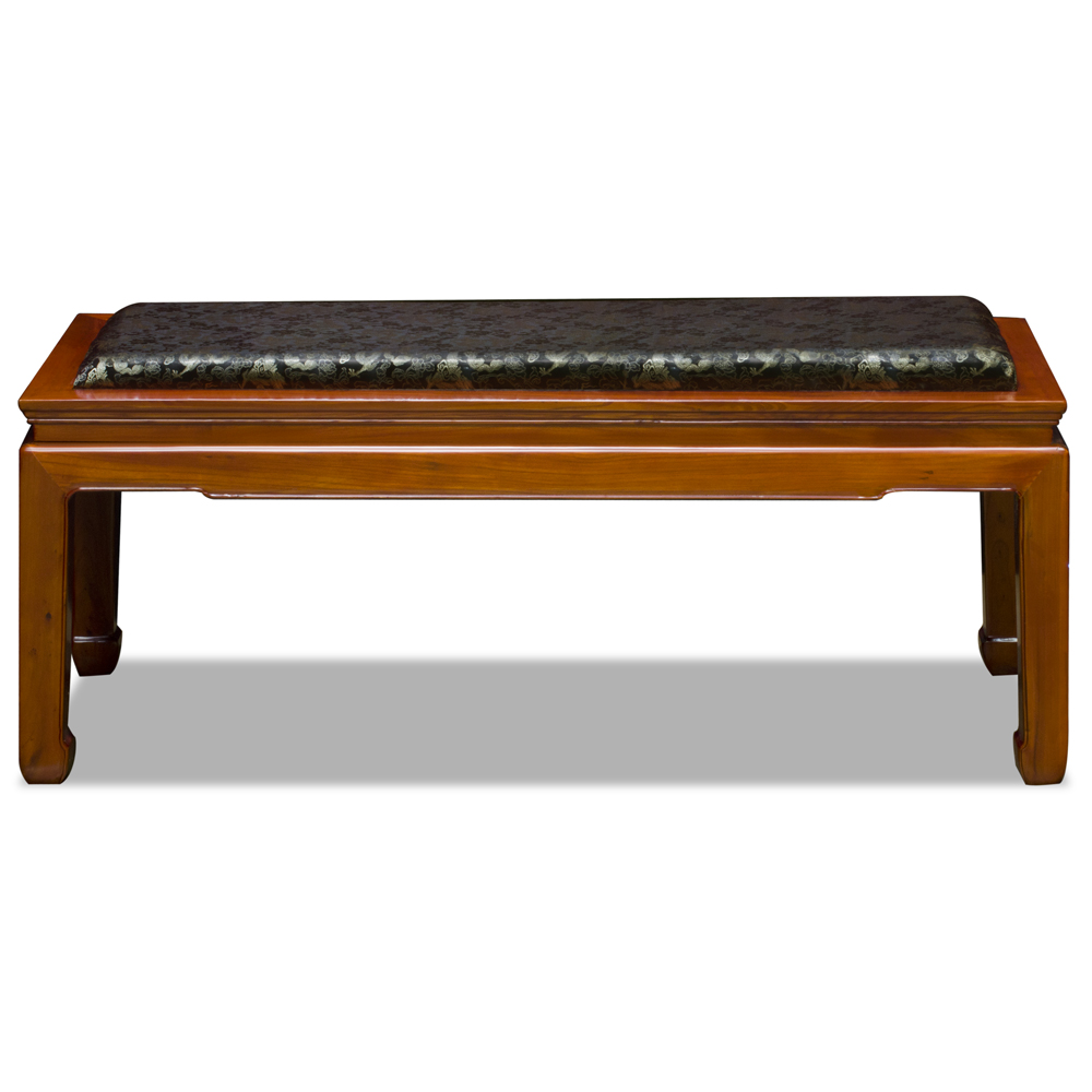 Natural Finish Elmwood Oriental Bench with Black Silk Cushion