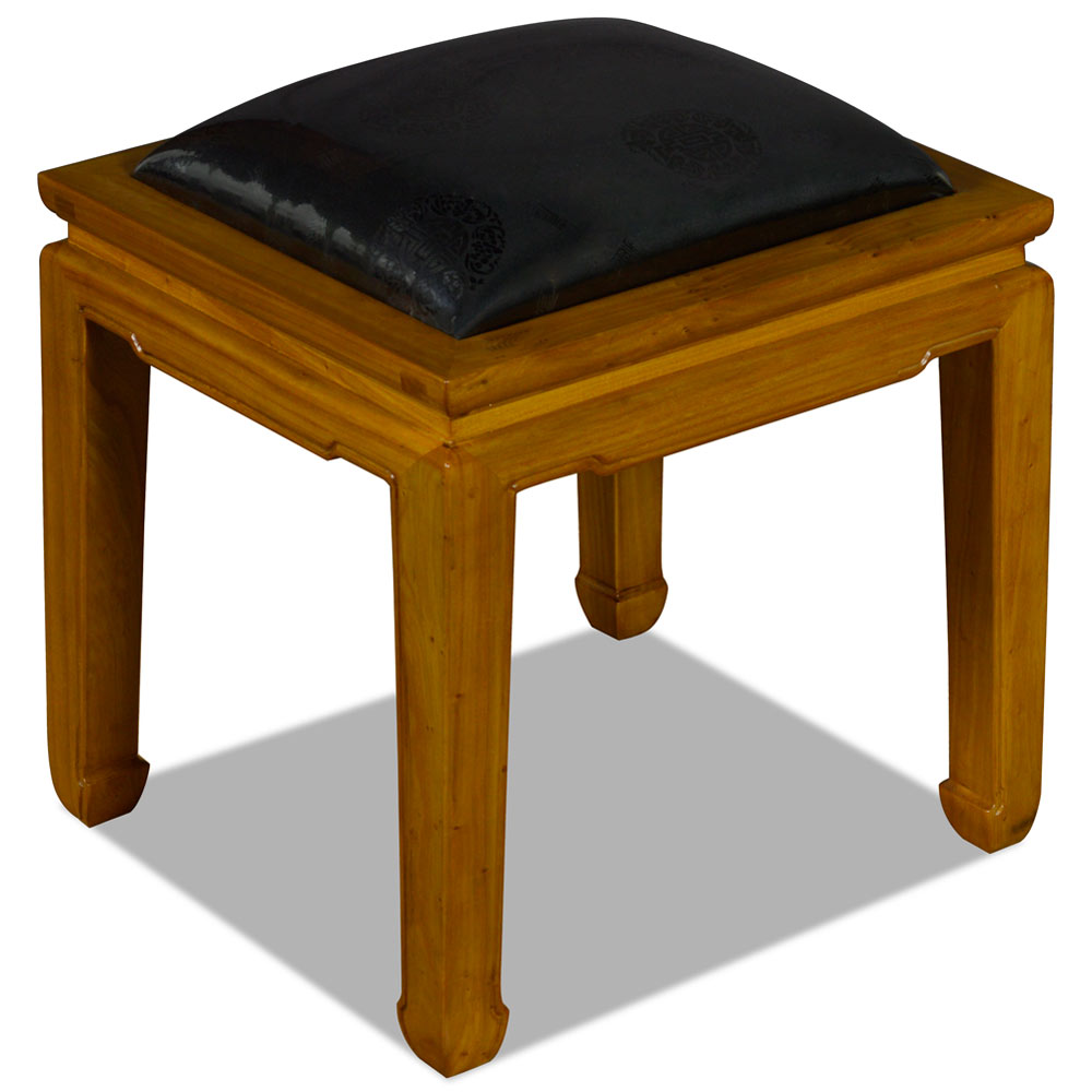 Natural Finish Elmwood Chinese Ming Bench with Black Silk Cushion