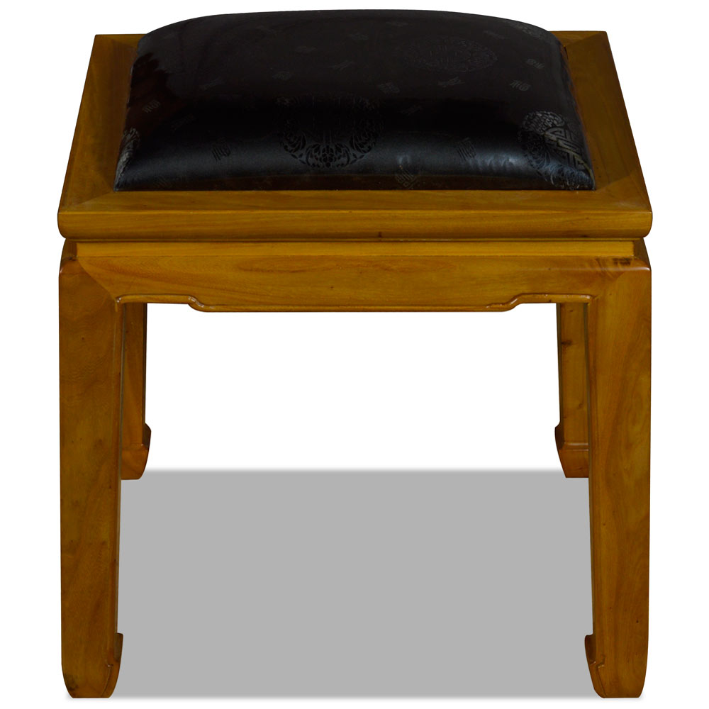 Natural Finish Elmwood Chinese Ming Bench with Black Silk Cushion