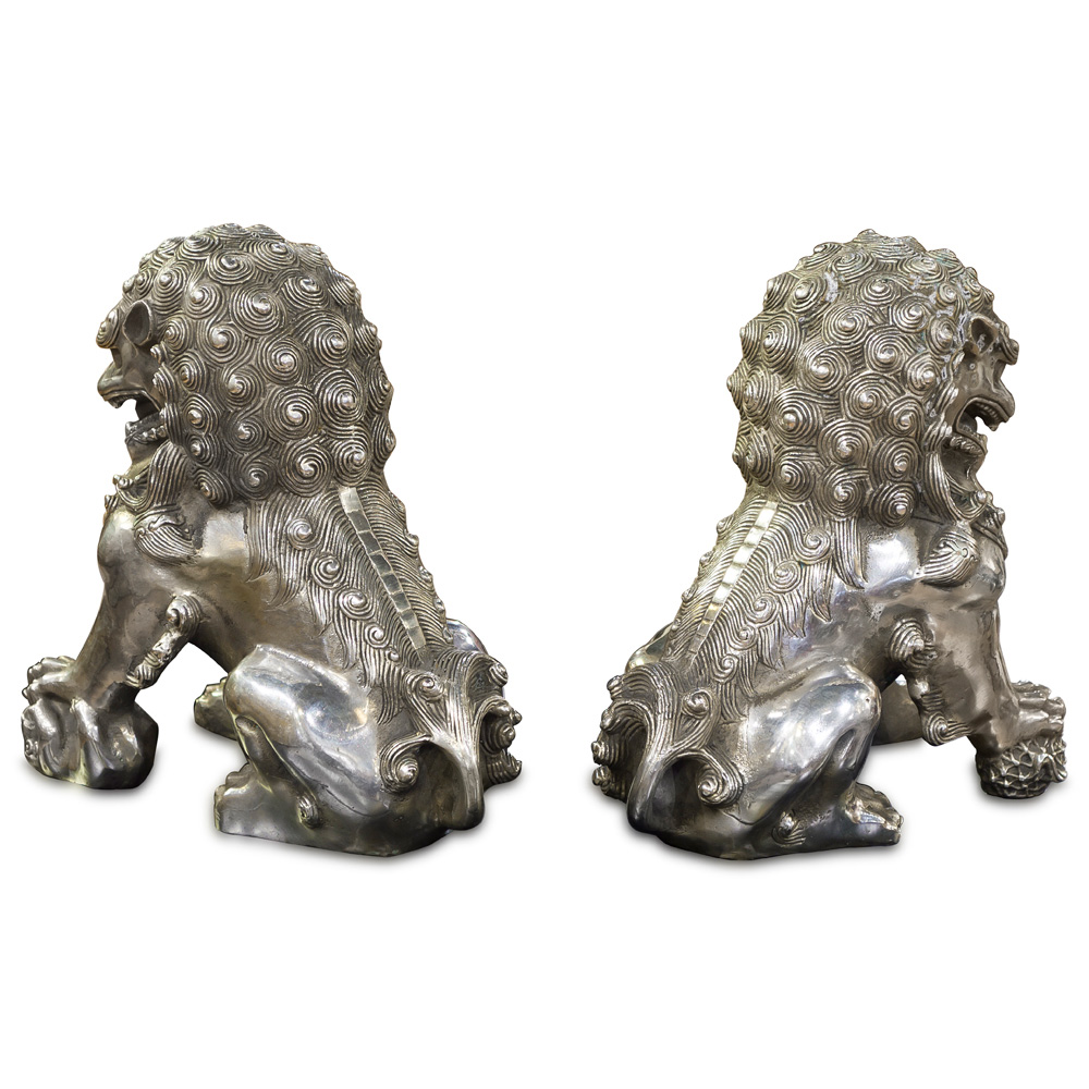 Silver Plated Foo Dog Oriental Figurine Set