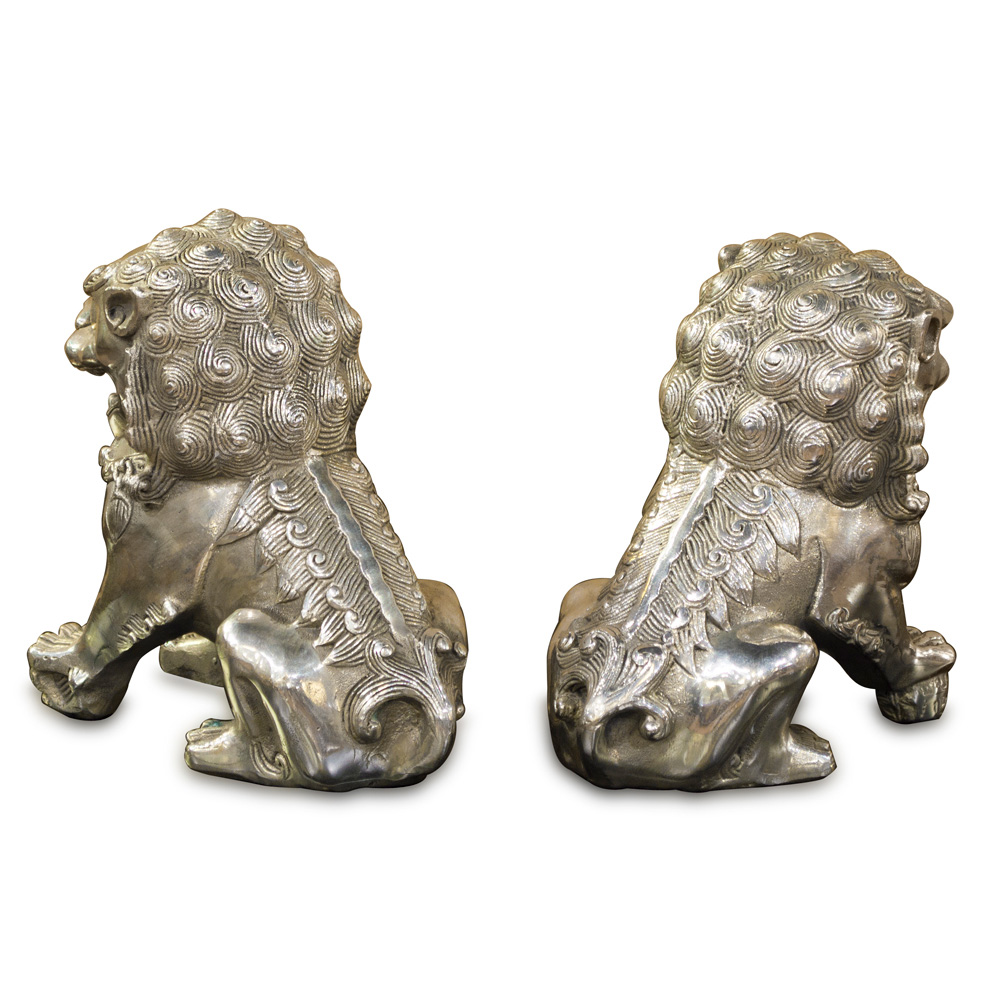 Silver Plated Foo Dog Oriental Figurine Set