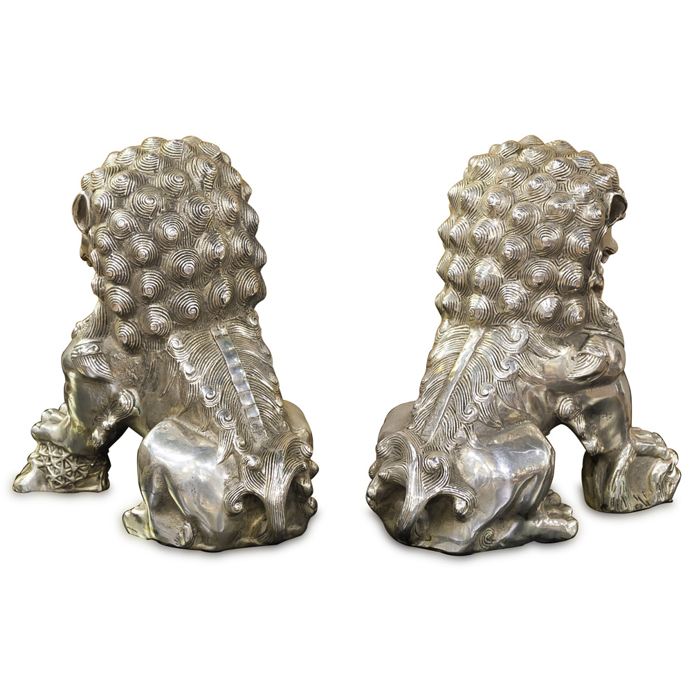 Silver Plated Foo Dog Oriental Figurine Set