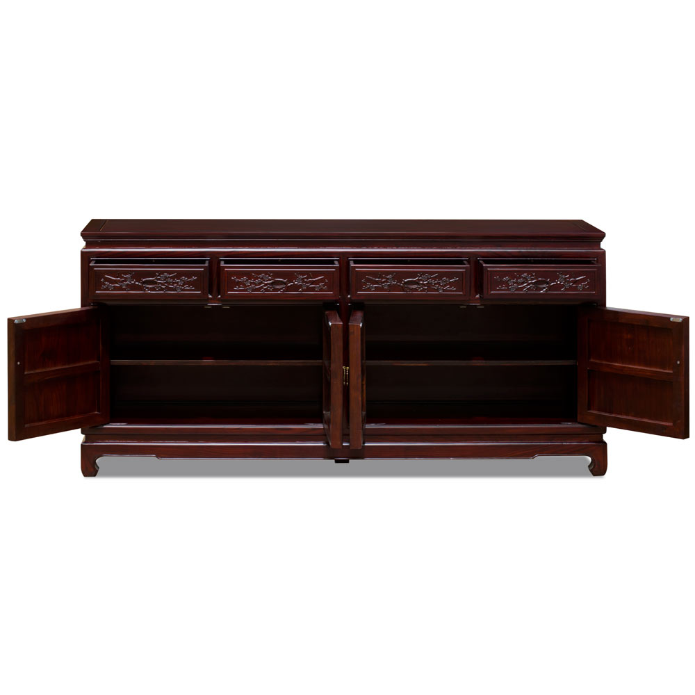 Dark Cherry Elmwood Bird and Flower Motif Oriental Sideboard