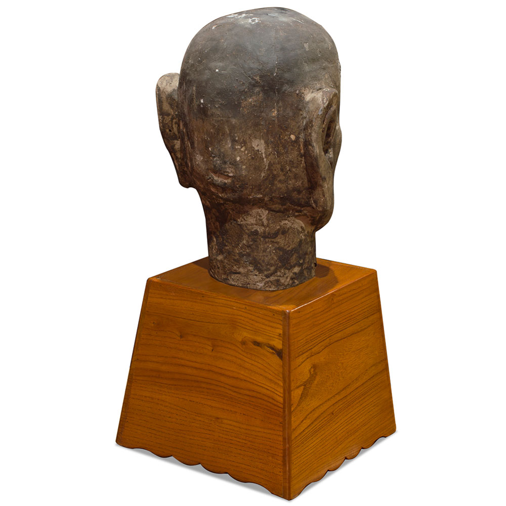 Distressed Wooden Monk Head Asian Sculpture