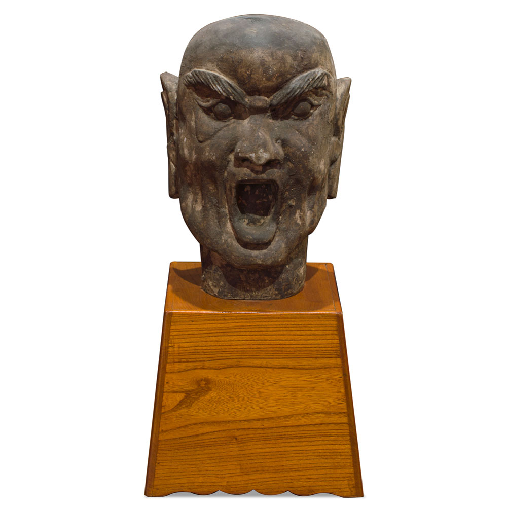 Distressed Wooden Monk Head Asian Sculpture